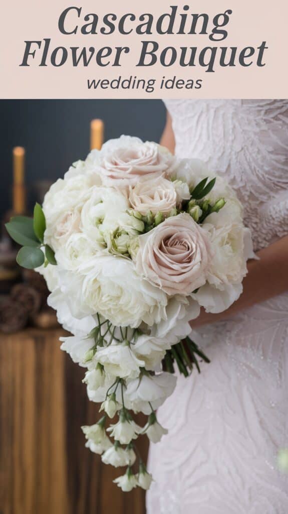 A cascading wedding bouquet of white and blush roses, held by someone in a white dress.