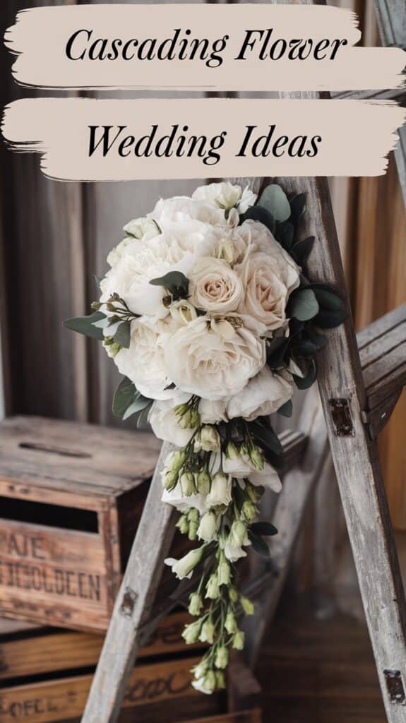 A cascading bridal bouquet of white roses and green foliage displayed on a wooden ladder.