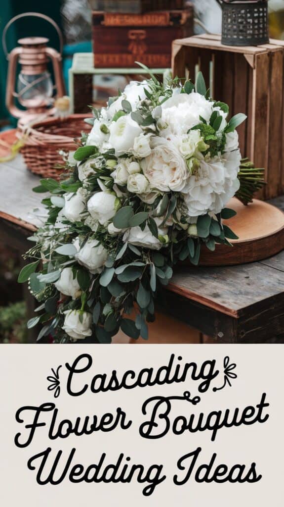 A cascading bouquet of white roses and greenery on a rustic table with "Cascading Flower Bouquet Wedding Ideas" text below.