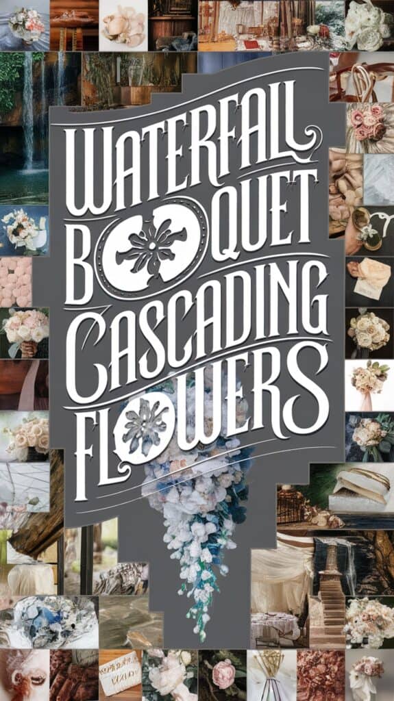 Collage featuring floral arrangements with text "Waterfall Bouquet Cascading Flowers" and various flower designs.