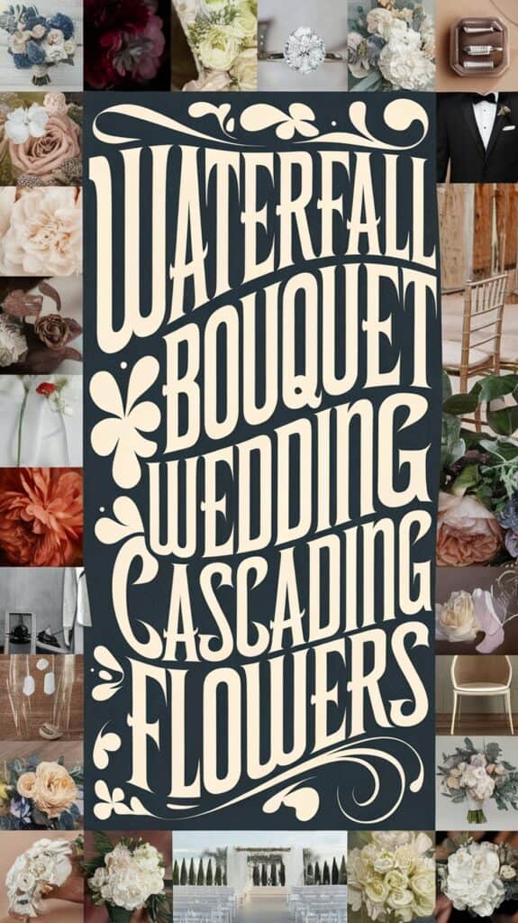 A collage of floral arrangements and wedding decor surrounds bold text reading "Waterfall Bouquet Wedding Cascading Flowers."