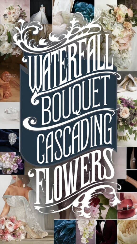 Collage of wedding floral arrangements with the text "Waterfall Bouquet Cascading Flowers" in the center.