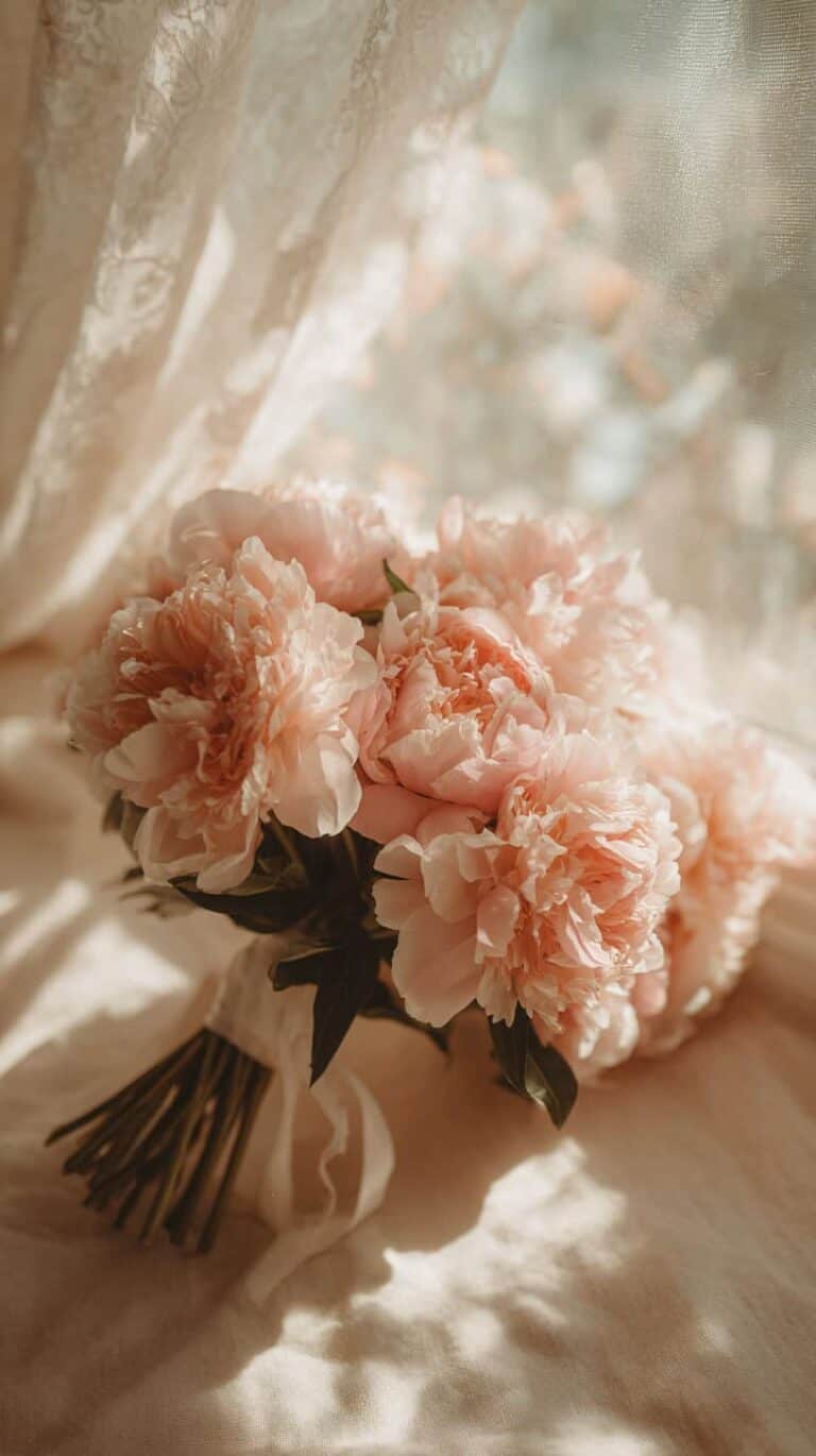 A bouquet of pink peonies tied with a ribbon, placed on a softly lit surface with lace curtains in the background.