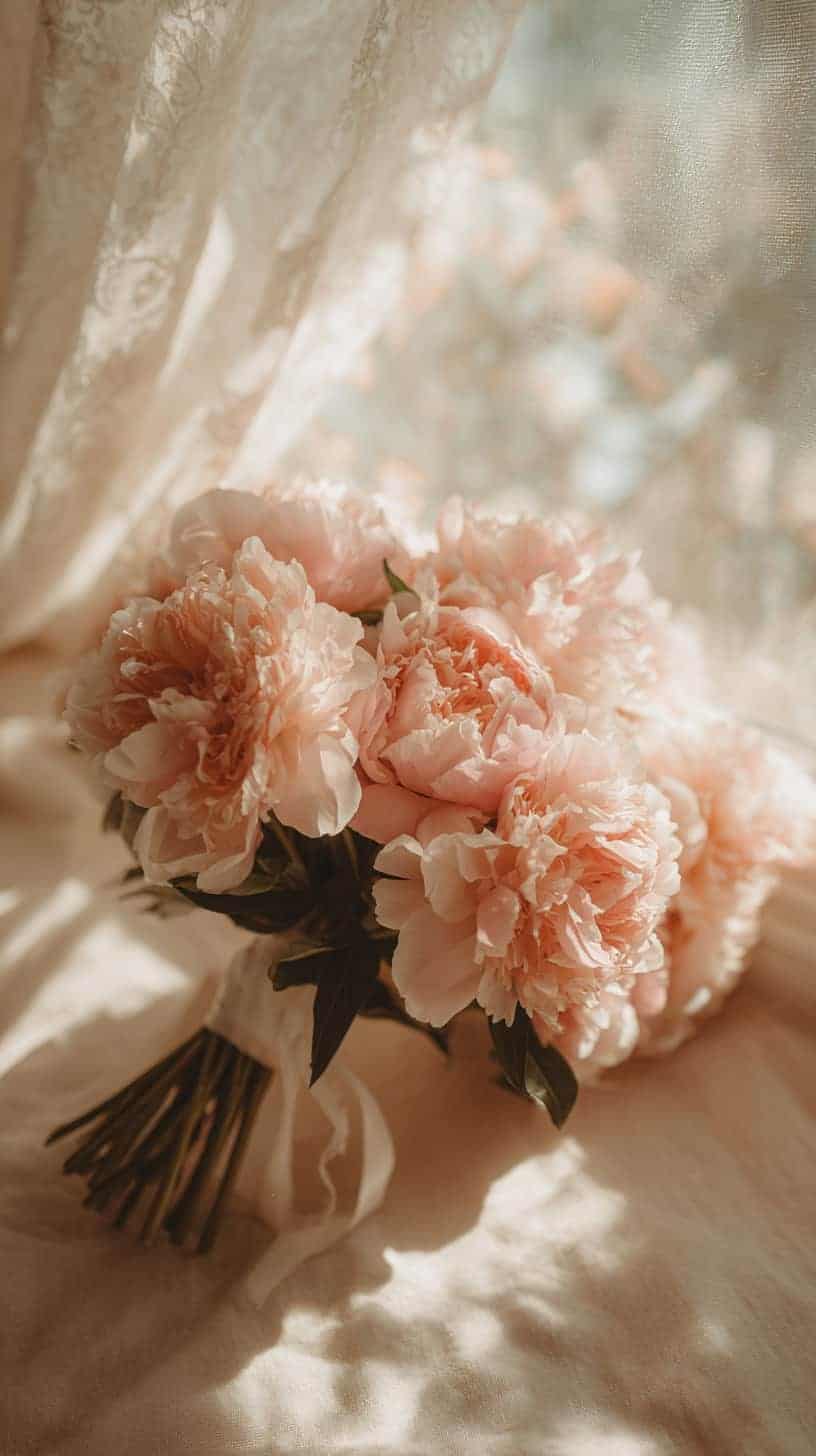 A bouquet of pink peonies tied with a ribbon, placed on a softly lit surface with lace curtains in the background.