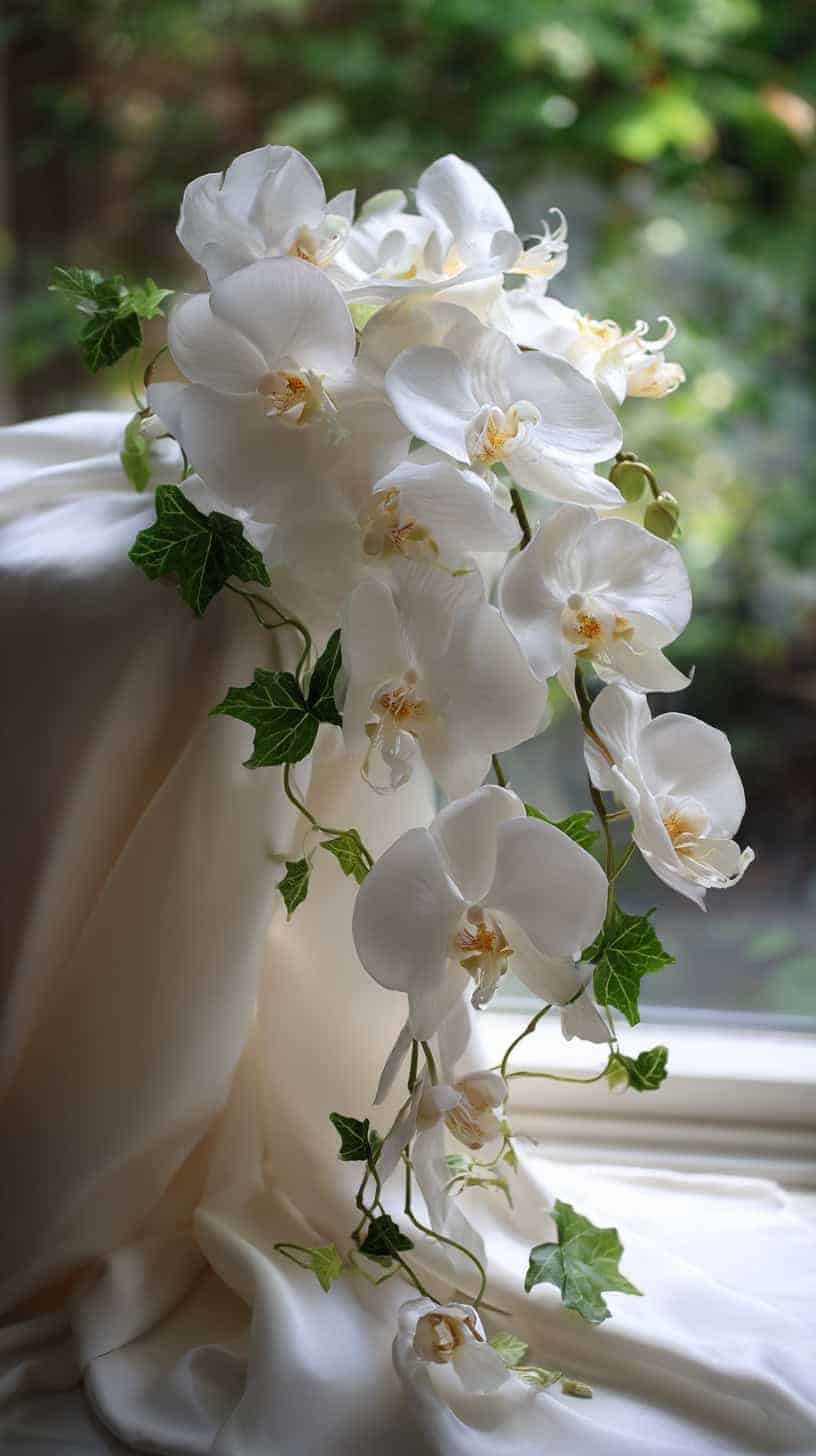 White orchids cascading down draped white fabric with green leaves, set against a blurred garden background.