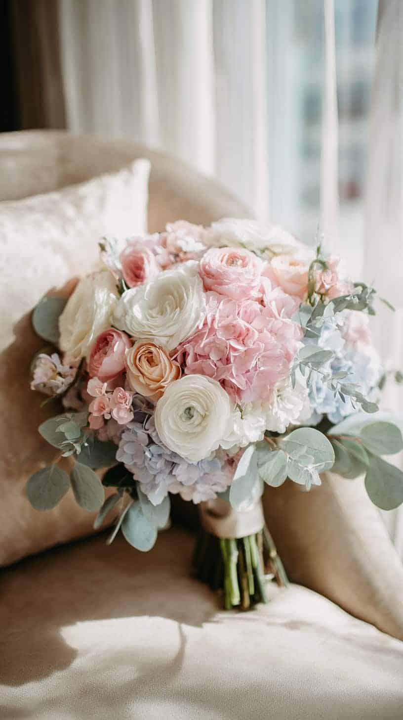 A bouquet of pink, white, and light blue flowers with eucalyptus leaves, resting on a beige cushion.