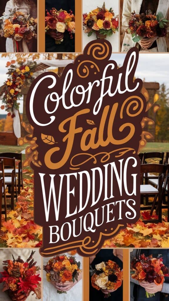 Collage of fall wedding bouquets in warm colors with the text "Colorful Fall Wedding Bouquets" prominently featured.