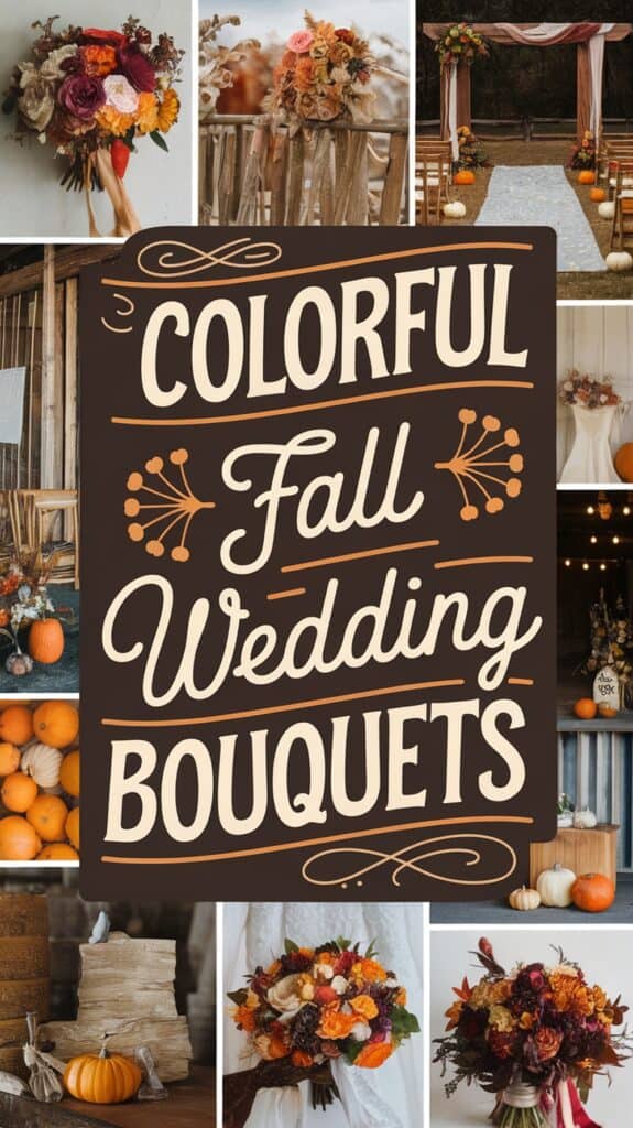 Collage of fall wedding bouquets with rich autumn colors, pumpkins, and rustic decorations, centered around the text "Colorful Fall Wedding Bouquets."