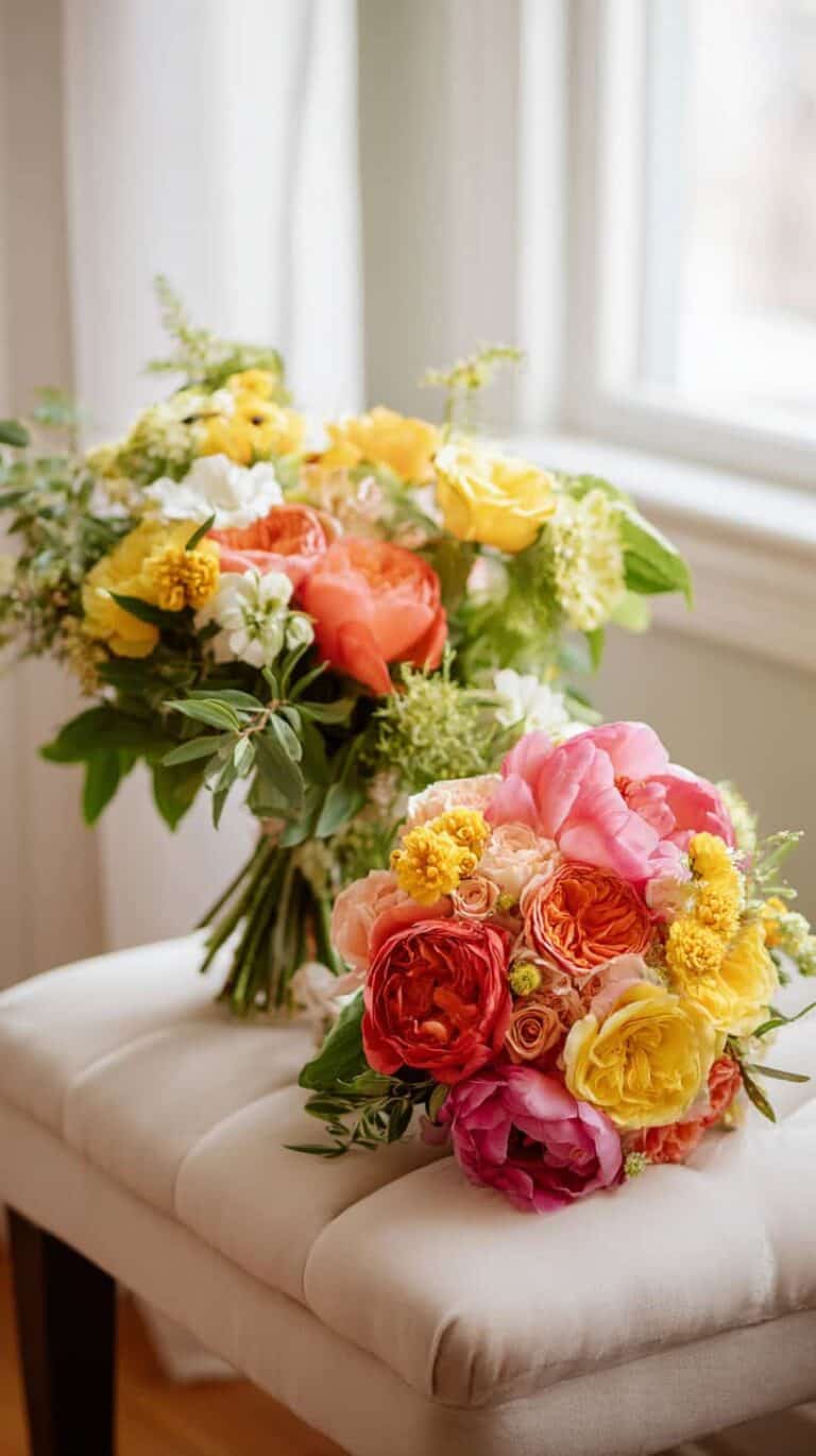 Two vibrant flower bouquets with pink, orange, yellow, and white blooms resting on a cushioned stool by a window.