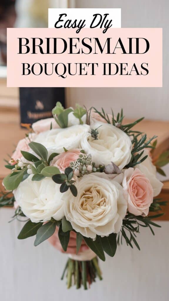 A bouquet of white and pink roses with greenery, framed by text reading "Easy DIY Bridesmaid Bouquet Ideas."