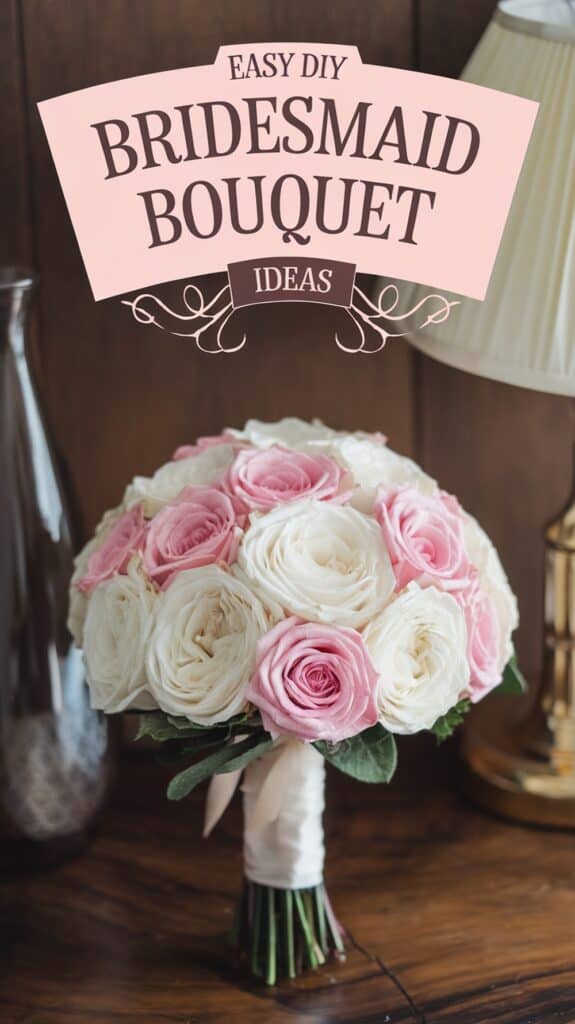 A bouquet of pink and white roses on a wooden table with the text "Easy DIY Bridesmaid Bouquet Ideas" above it.
