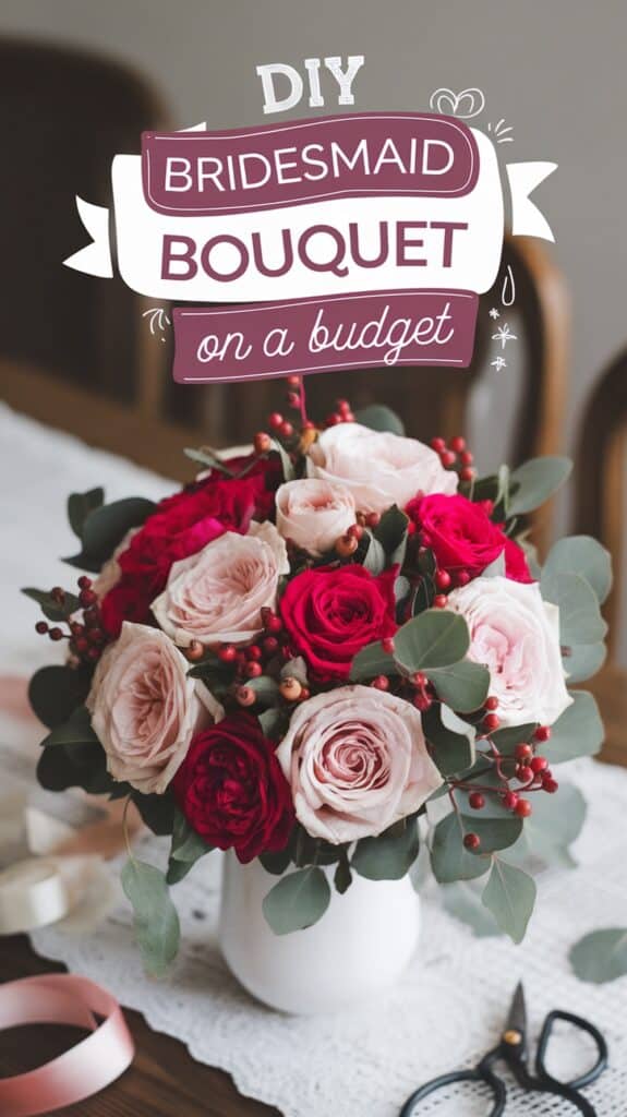 A bouquet of pink and red roses with text reading "DIY Bridesmaid Bouquet on a budget."