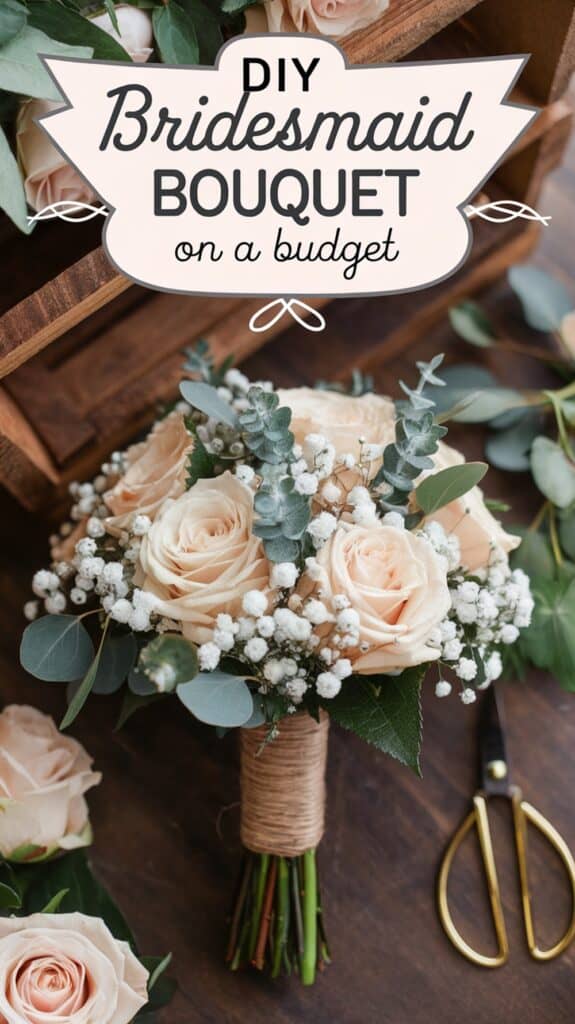 A bouquet of pale roses and greenery wrapped in twine, with the text "DIY Bridesmaid Bouquet on a budget" above.