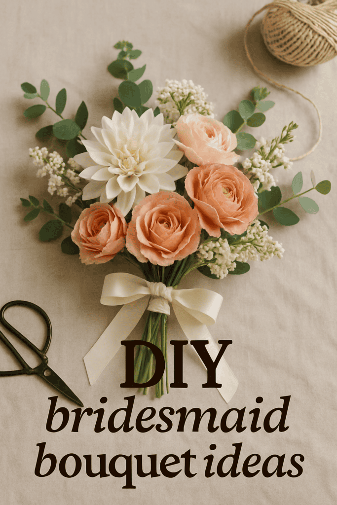 A bouquet with a white dahlia, peach roses, greenery, scissors, twine, and text "DIY bridesmaid bouquet ideas."