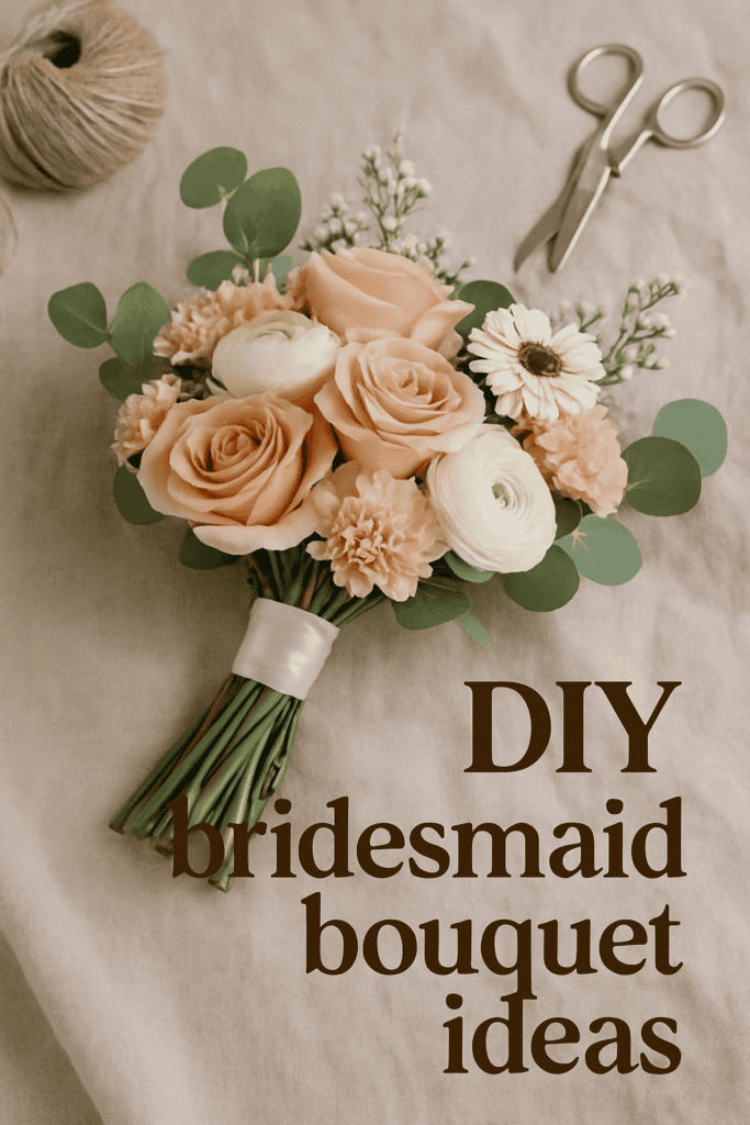 A bouquet of blush roses, white ranunculus, and eucalyptus with text: "DIY bridesmaid bouquet ideas."