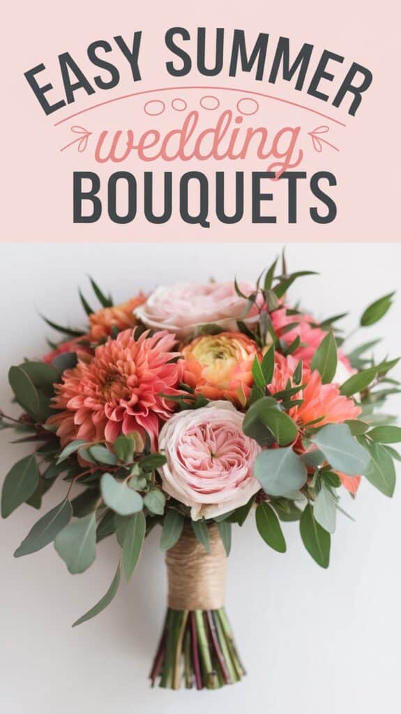 A colorful bouquet with pink and orange flowers, wrapped in twine, beneath text stating "Easy Summer Wedding Bouquets."