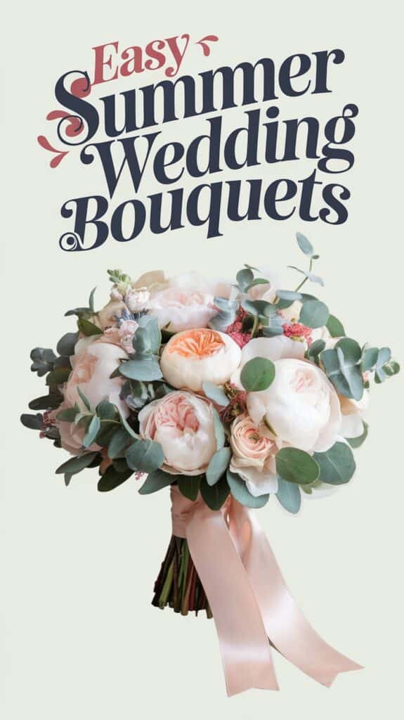 A bouquet of roses and eucalyptus with text reading "Easy Summer Wedding Bouquets."