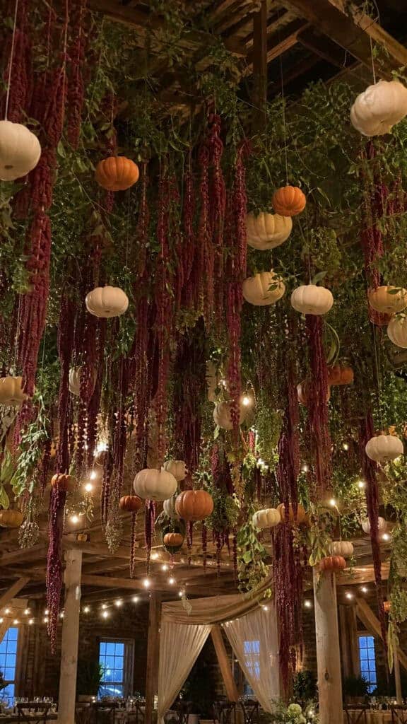 Hanging Pumpkin Installations With Trailing Amaranthus