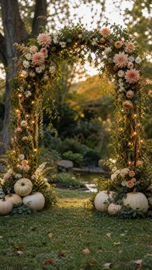 Pumpkin Arch Backdrop With Café Au Lait Dahlias