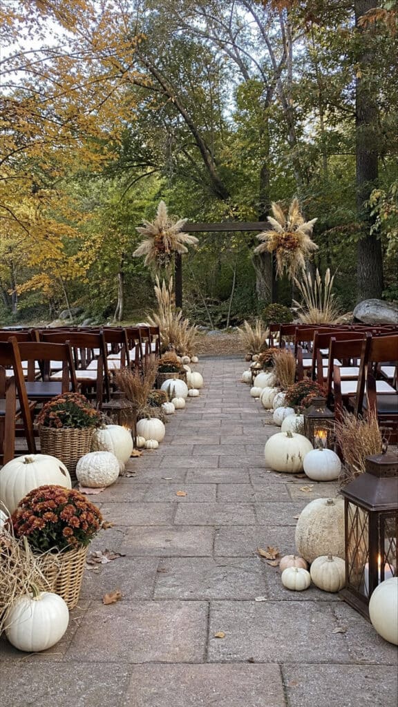 Pumpkin-Lined Ceremony Aisle With Copper Mums