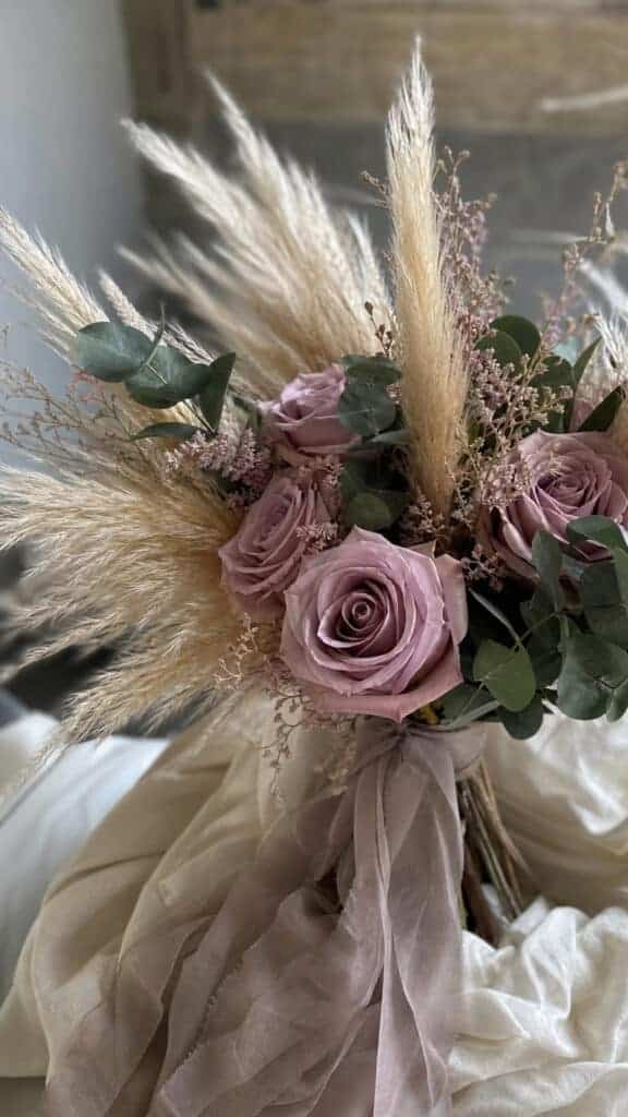 Mauve Roses With Dried Pampas Grass