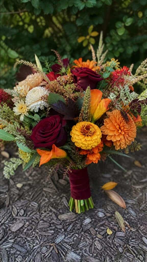 Mixed Autumn Blooms With Burgundy Accents