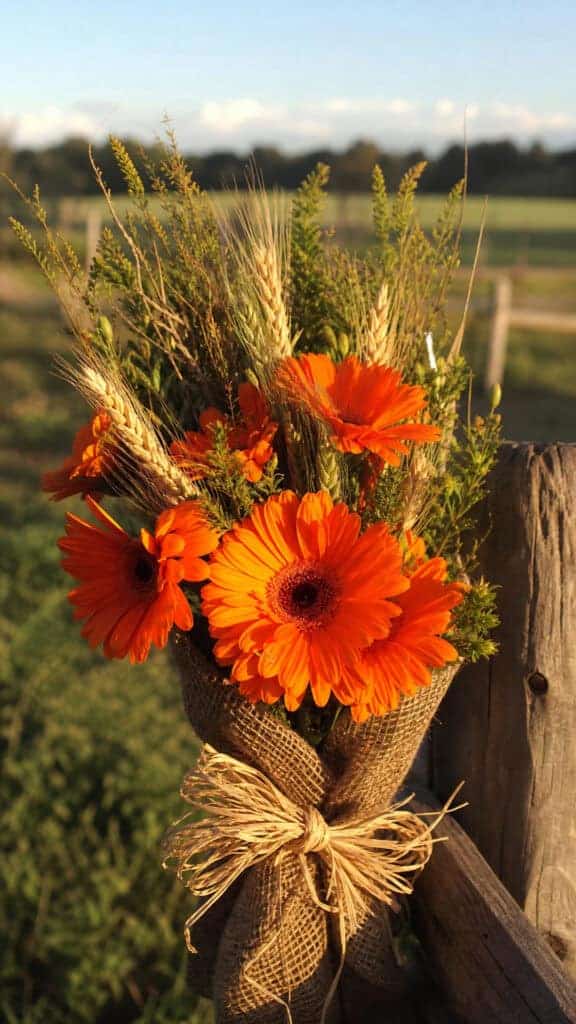 Orange Gerbera Daisies With Wheat Stalks