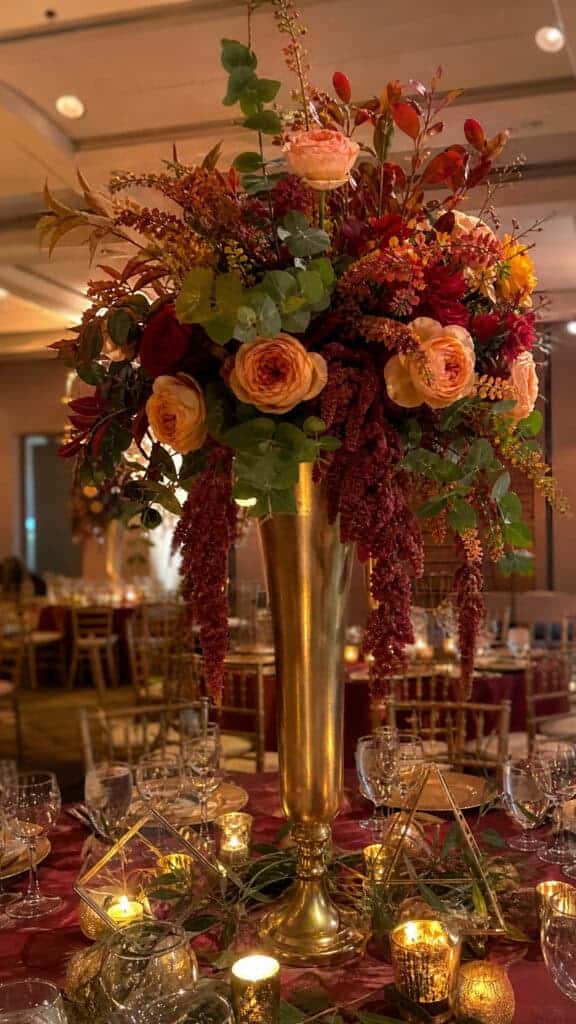 Cascading Amaranthus and Garden Rose Arrangements