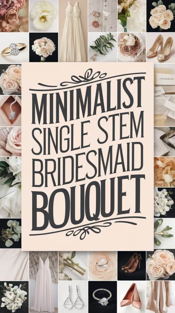 Collage featuring bridal accessories and flowers with the text "Minimalist Single Stem Bridesmaid Bouquet" centered.