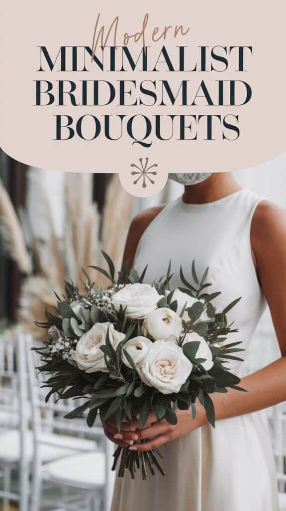 Person in a white dress holding a bouquet with white flowers and greenery; text reads "Modern Minimalist Bridesmaid Bouquets."