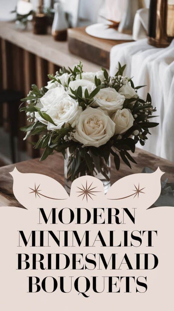 A bouquet of white roses with greenery in a vase, accompanied by the text "Modern Minimalist Bridesmaid Bouquets."