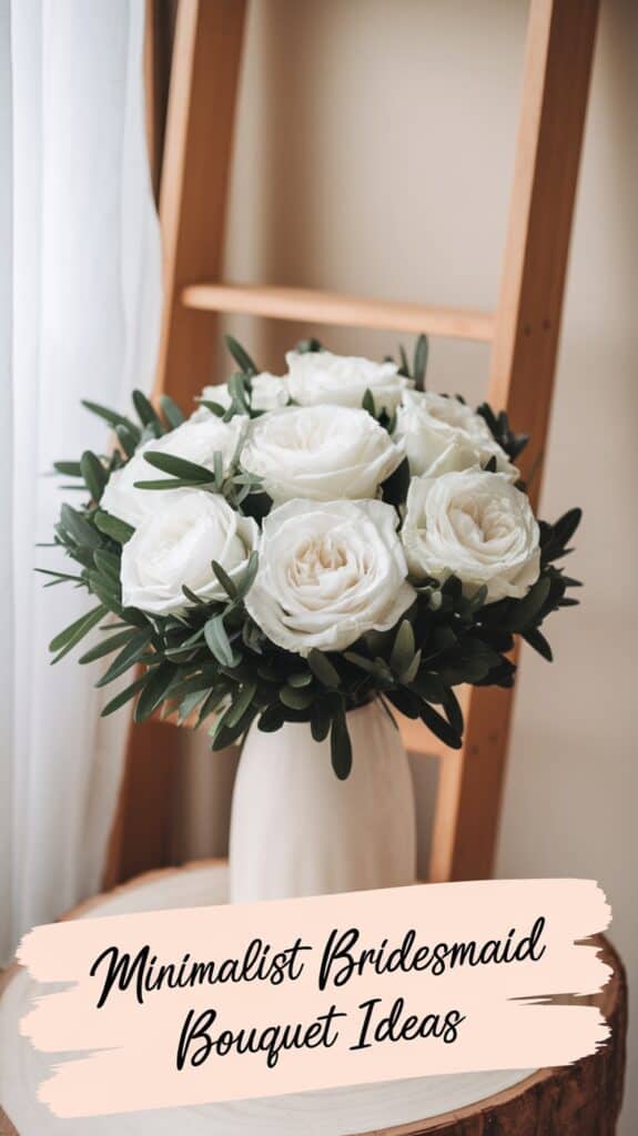 A bouquet of white roses with green leaves in a white vase, labeled "Minimalist Bridesmaid Bouquet Ideas."