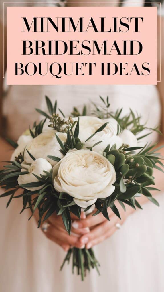 A bridesmaid holds a simple bouquet of white roses and greenery; overlay text reads "Minimalist Bridesmaid Bouquet Ideas."