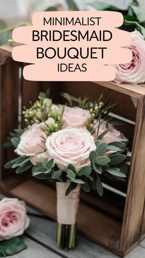A pink and white bridal bouquet with roses and greenery, displayed in a wooden crate.
