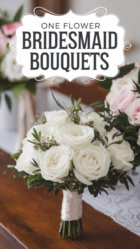 A white rose bridal bouquet with greenery, displayed on a table with a lace cloth.