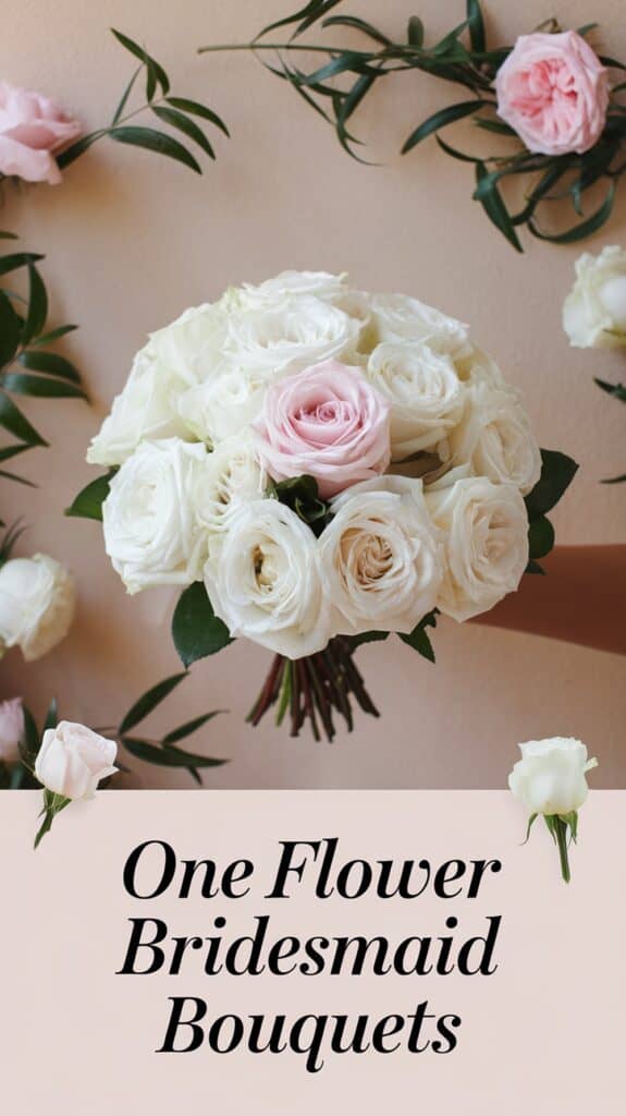 A bouquet of white and pink roses with green leaves near text reading "One Flower Bridesmaid Bouquets."
