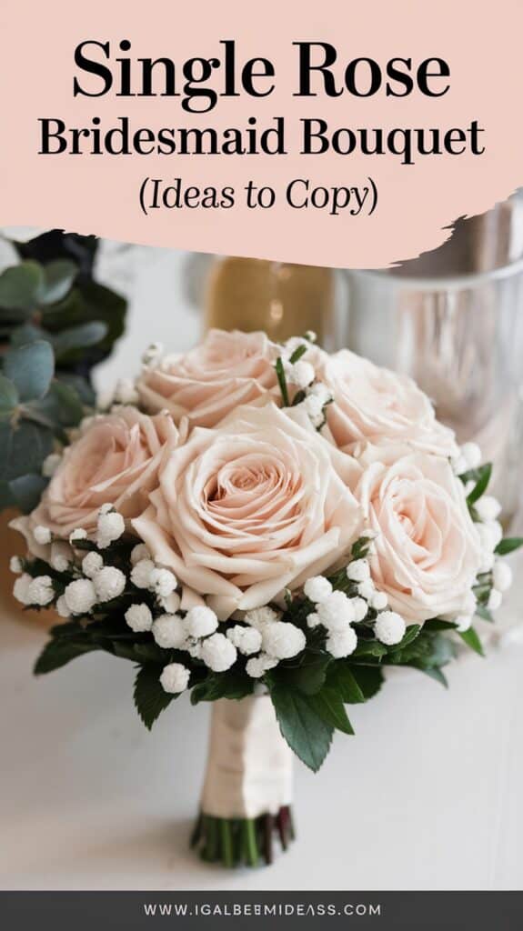 A bouquet of blush pink roses and white flowers with green leaves, showcased under a "Single Rose Bridesmaid Bouquet" sign.