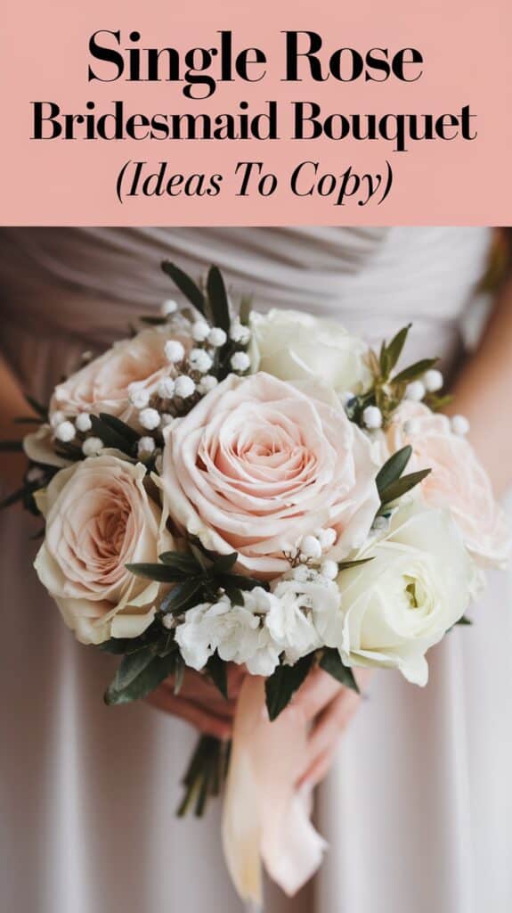 A bouquet of soft pink and white roses with greenery, held by someone in a light dress.