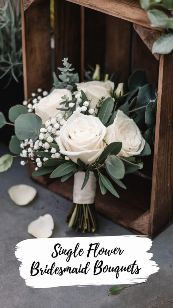A bouquet of white roses and greenery inside a wooden box, with the text "Single Flower Bridesmaid Bouquets."