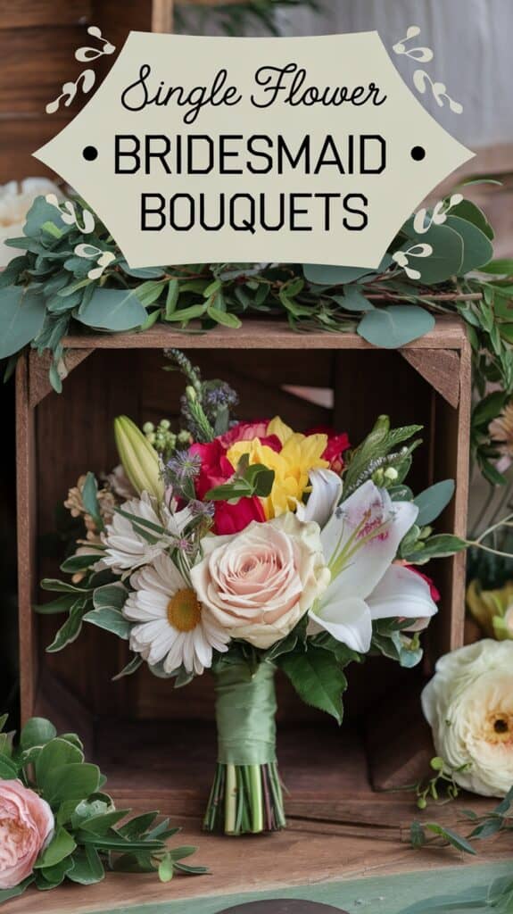 A colorful bridesmaid bouquet with various flowers, displayed in a wooden crate with a sign reading "Single Flower Bridesmaid Bouquets."