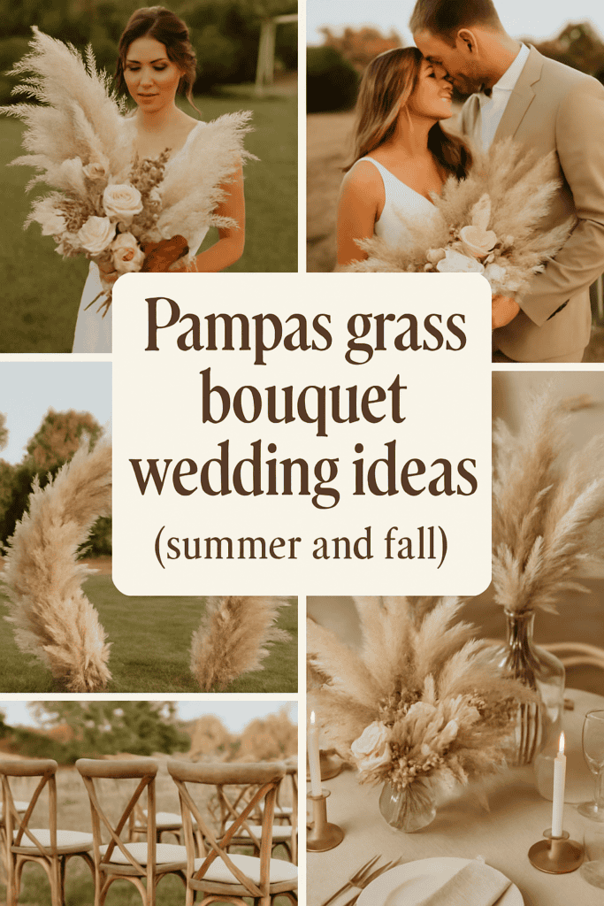 Collage showcasing pampas grass wedding decor ideas, featuring bouquets, table settings, and a couple with the arrangements.