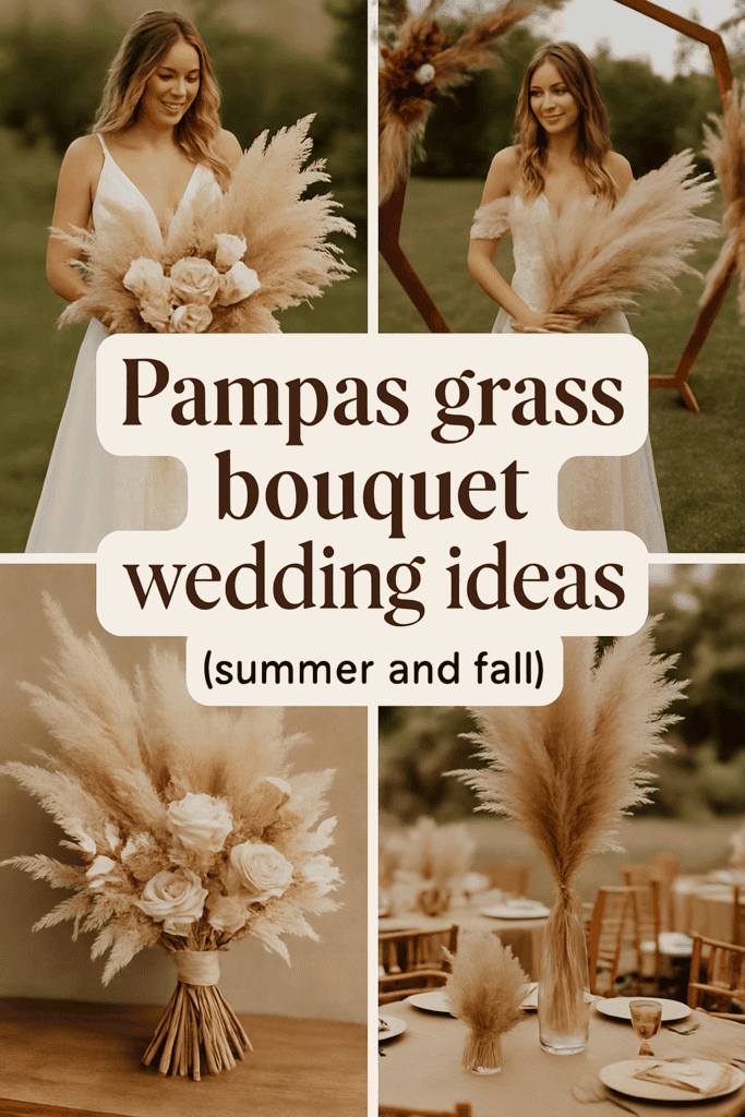 Collage of wedding scenes featuring pampas grass bouquets and decor, with text: "Pampas grass bouquet wedding ideas (summer and fall)."