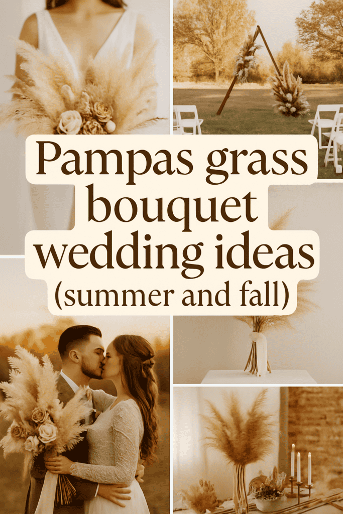 Collage of pampas grass wedding ideas, including bouquets and decor for summer and fall.