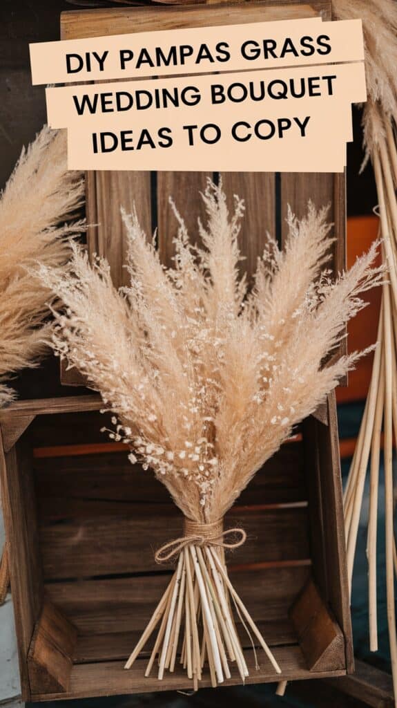 A bouquet of pampas grass displayed in a wooden crate with text above about wedding bouquet ideas.