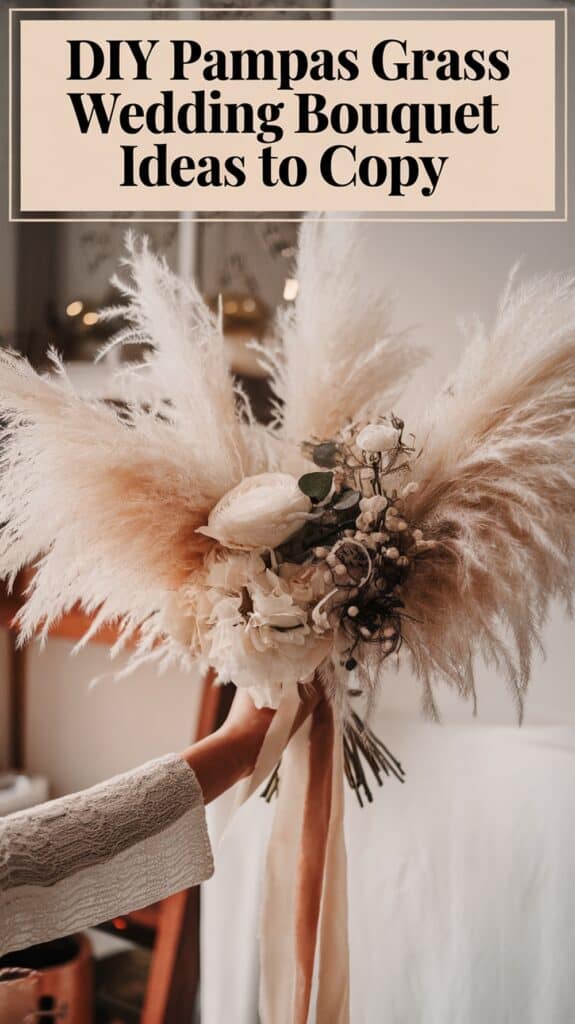 A hand holding a pampas grass wedding bouquet with flowers and ribbons, under a header that reads "DIY Pampas Grass Wedding Bouquet Ideas to Copy."
