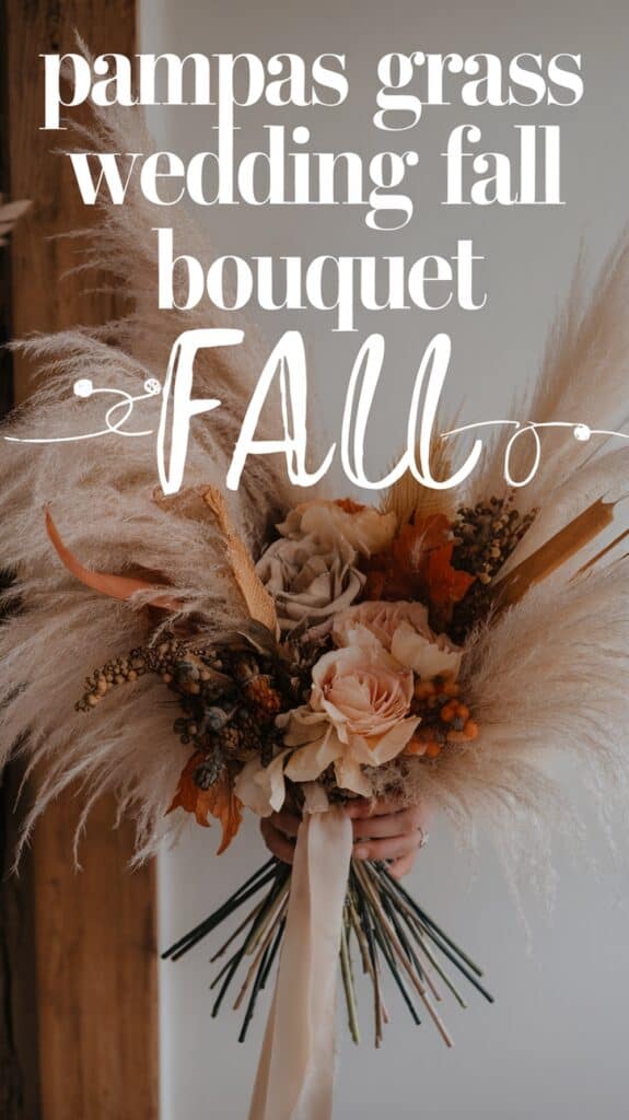 A person holds a pampas grass bouquet with roses and fall accents; text reads "pampas grass wedding fall bouquet FALL."