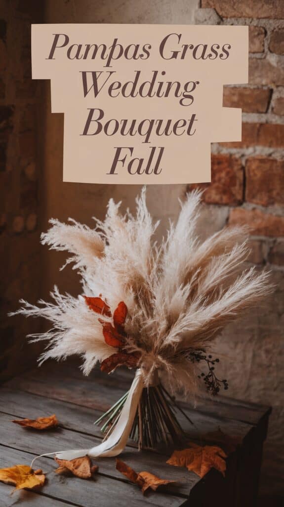 A pampas grass bouquet with autumn leaves on a wooden table, set against a brick wall backdrop with the text "Pampas Grass Wedding Bouquet Fall."