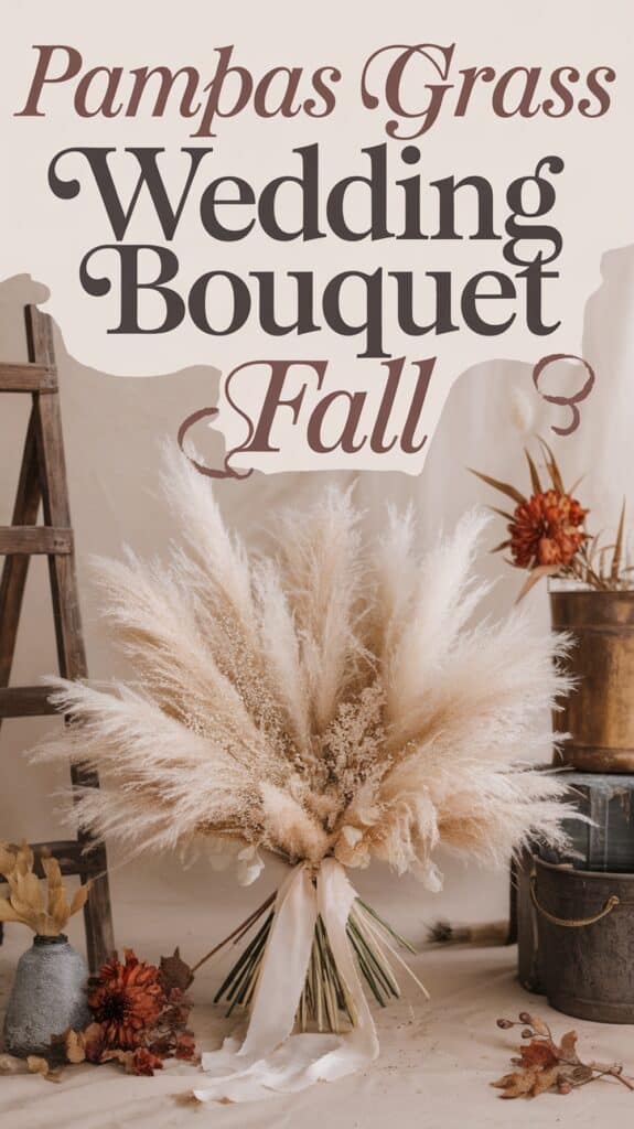 A pampas grass wedding bouquet in a rustic setting with autumn decorations and the words "Pampas Grass Wedding Bouquet Fall."