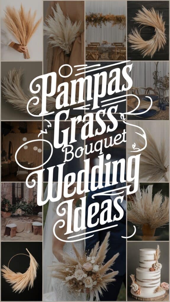 Collage of pampas grass wedding ideas, including bouquets, decorations, and a cake, with "Pampas Grass Bouquet Wedding Ideas" text.