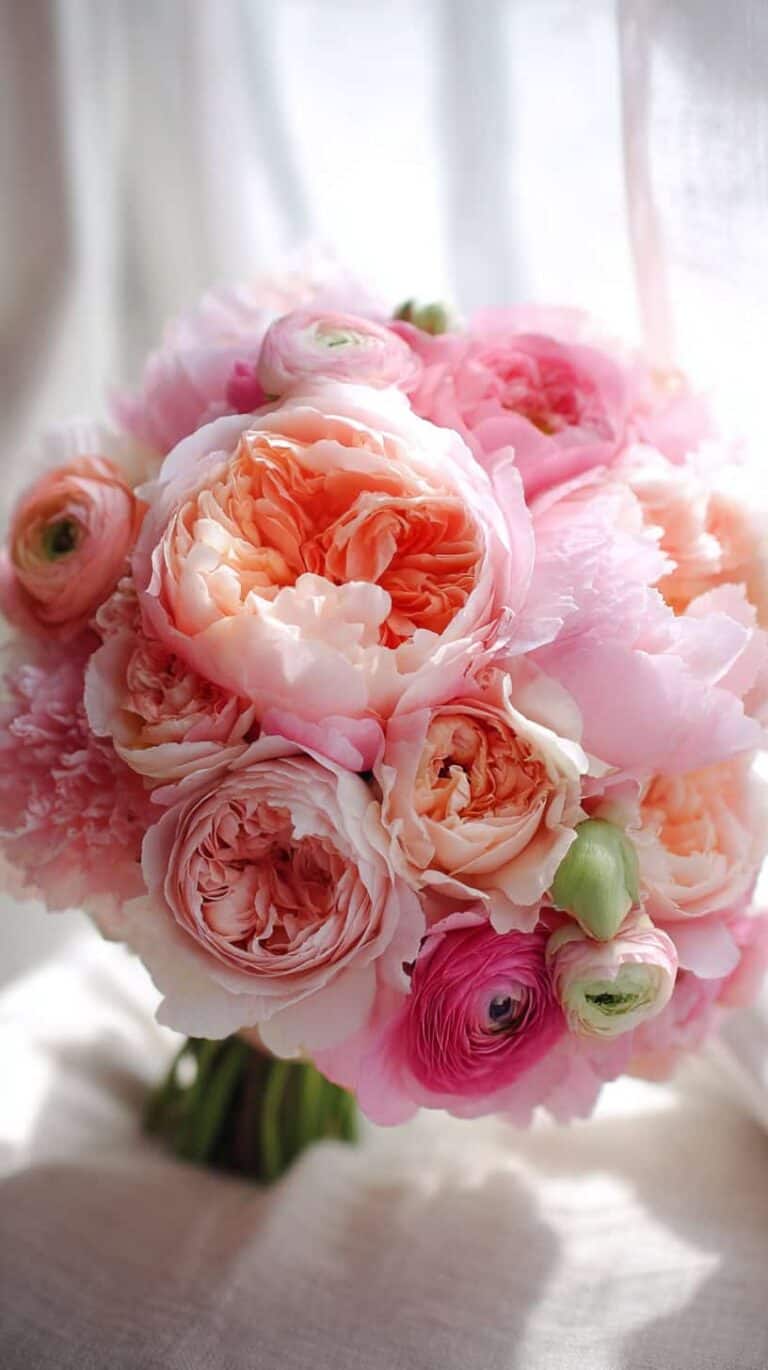 A bouquet of pink and peach peonies and roses with soft lighting.